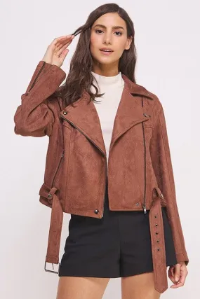 Plus Belted Long Sleee Zippered Suede Moto Jacket