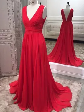 A Line V Neck Open Back Red Chiffon Ruffles Long Prom, V Neck Backless Red Formal, Red Evening