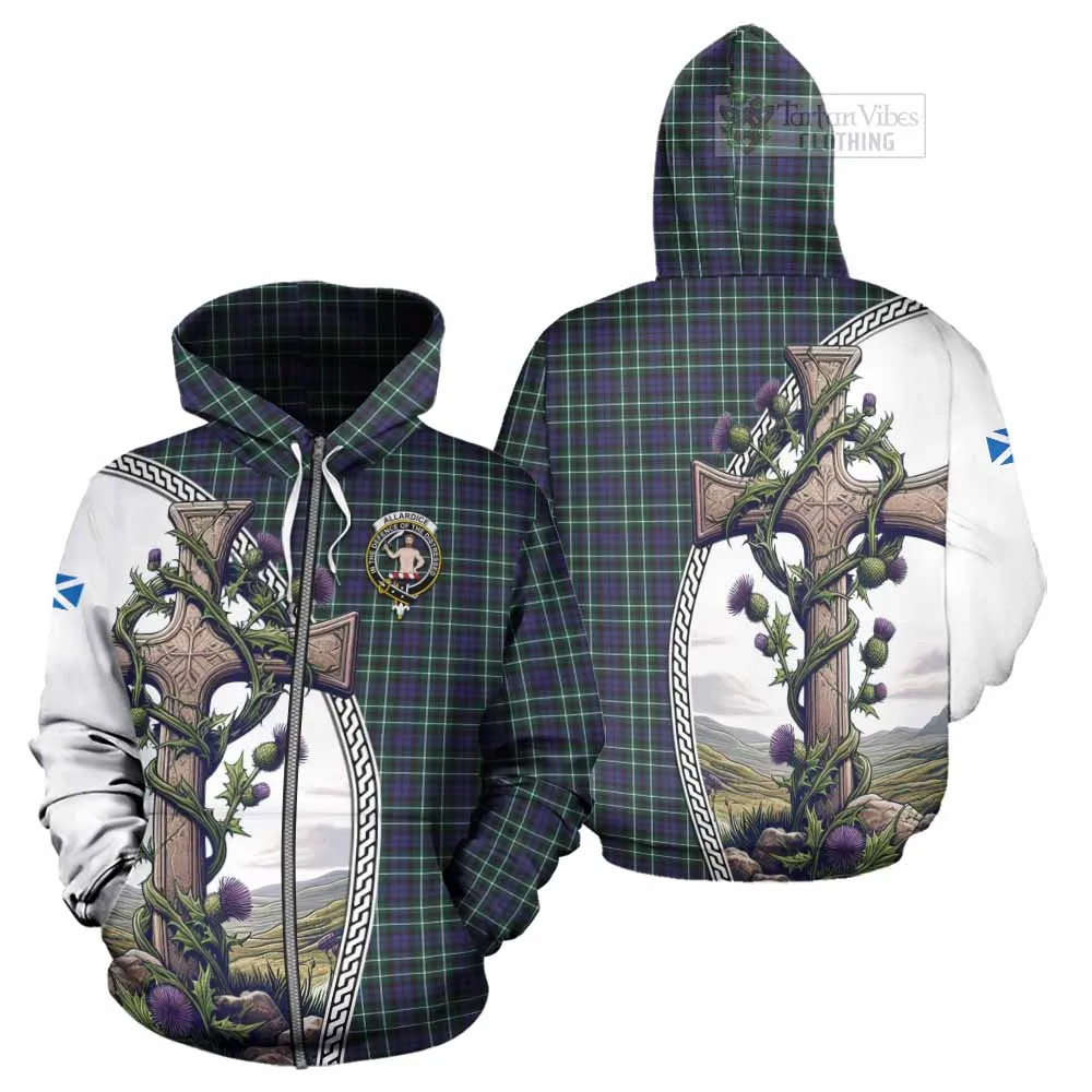 Allardice Tartan Hoodie with Family Crest and St. Andrew's Cross Accented by Thistle Vines