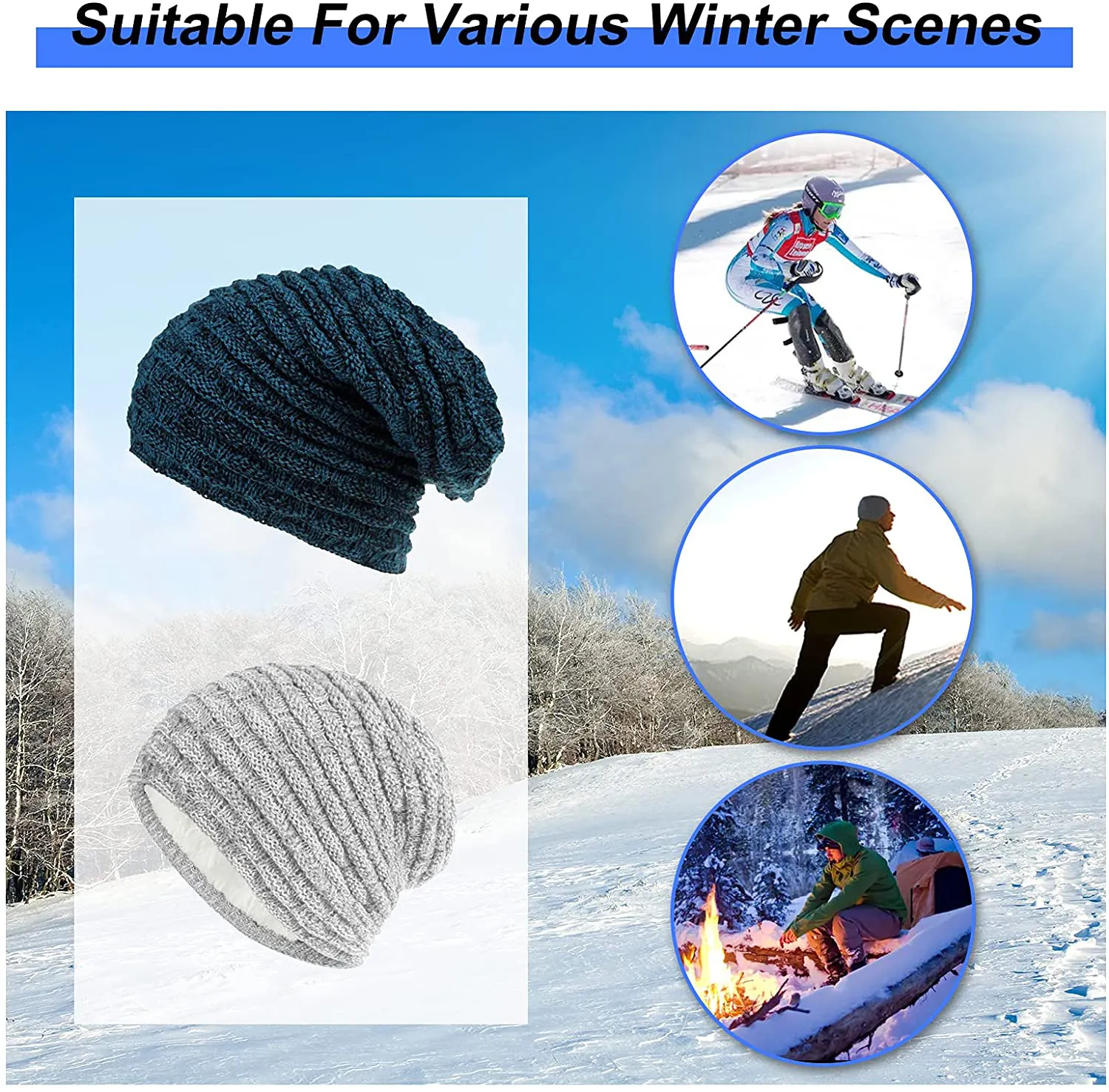 Andiker Winter Stretch Cable Knit Beanie Hat, Warm Soft Thick Beanie Cap with Fleece for Men and Women