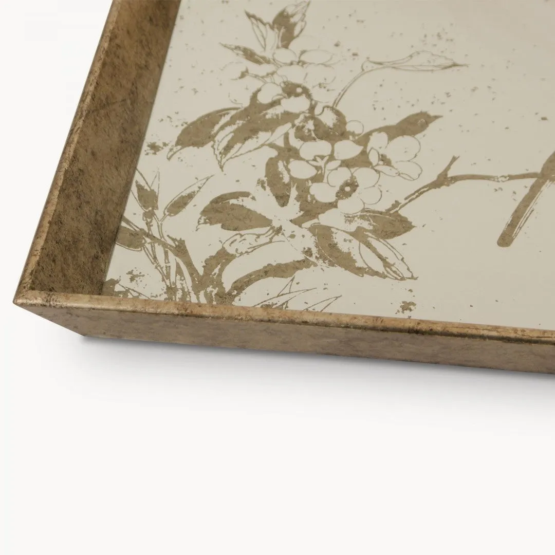 Antiqued Square Tray with Mirrored Bird Pattern