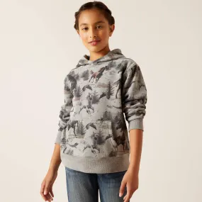 Ariat Girls Heather Grey Misty Horses Print Pullover Hoodie