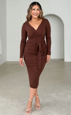 Aston Long Sleeve Midi Dress - Chocolate Brown