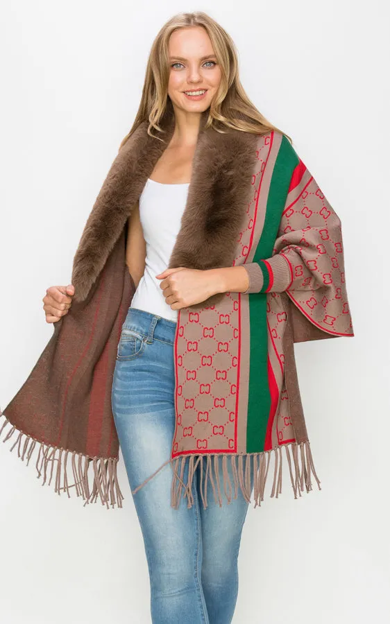 AV443 Faux Fur Trim Sleeve Cape Shawl with Fringe