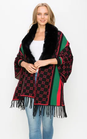 AV443 Faux Fur Trim Sleeve Cape Shawl with Fringe