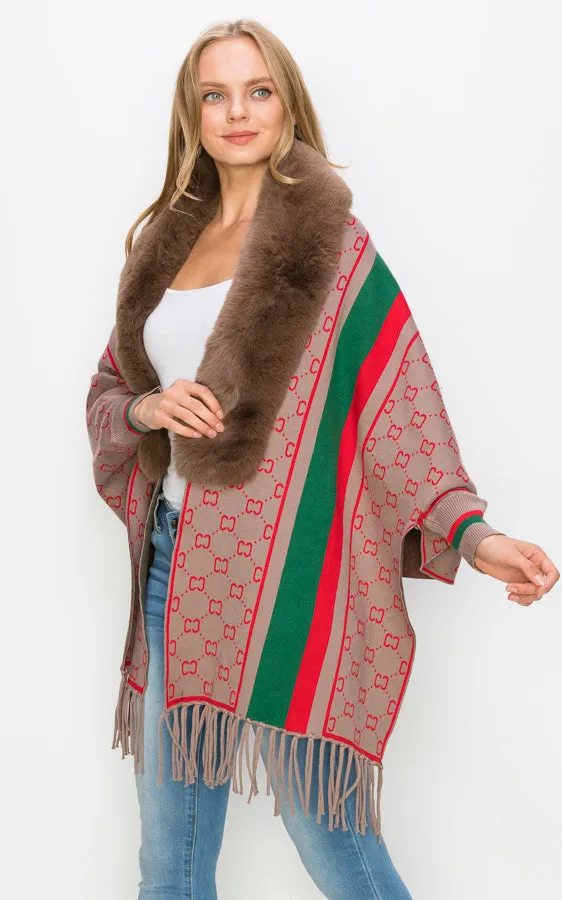 AV443 Faux Fur Trim Sleeve Cape Shawl with Fringe