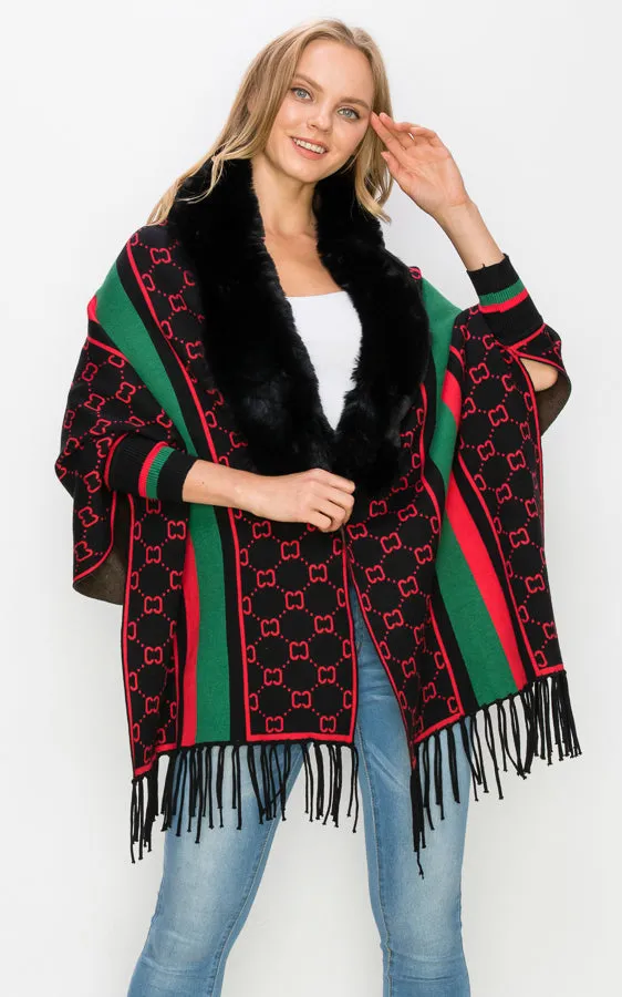 AV443 Faux Fur Trim Sleeve Cape Shawl with Fringe