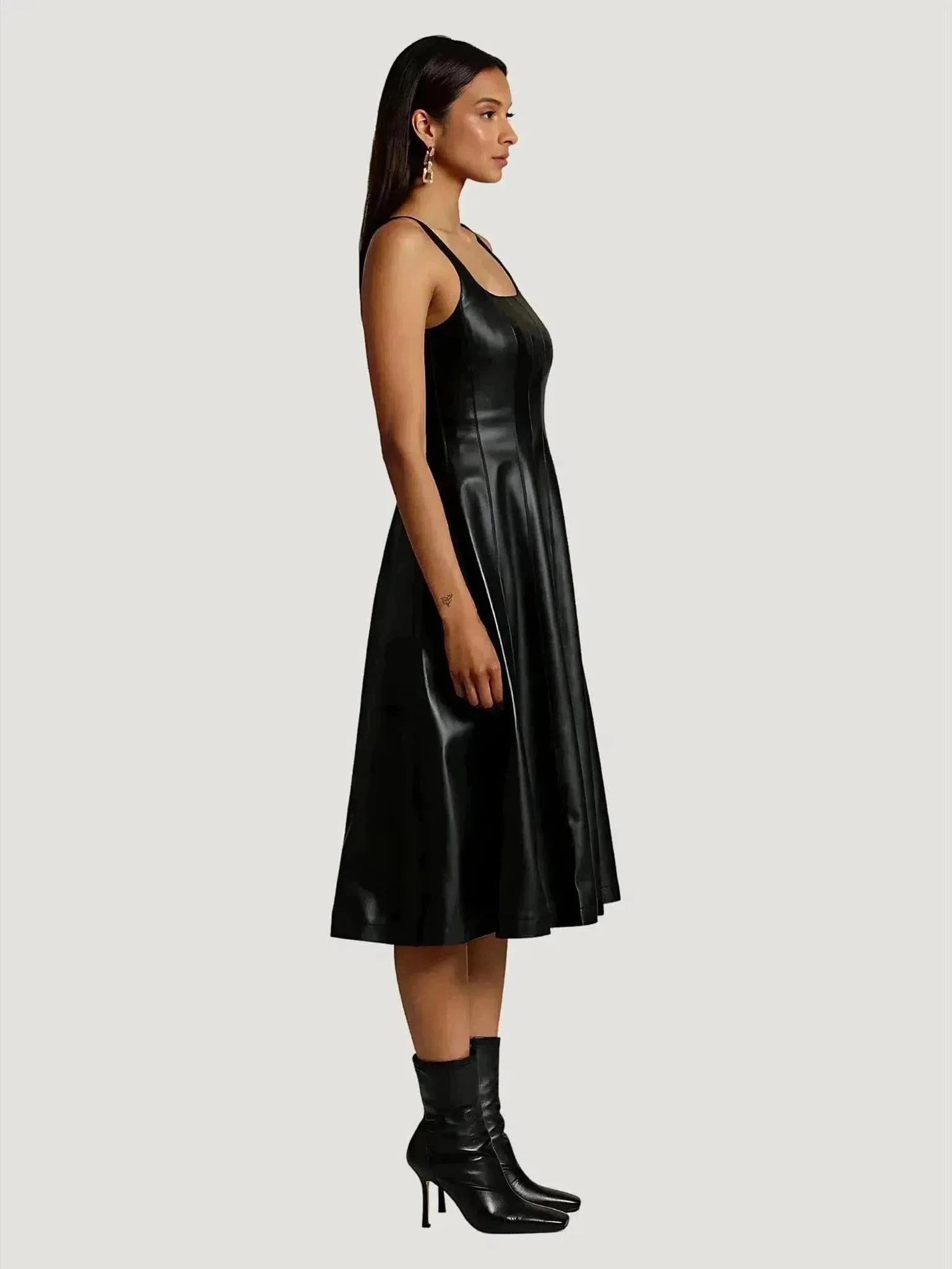 Avec Les Filles Faux-Ever Leather Fit-and-Flare Midi Dress