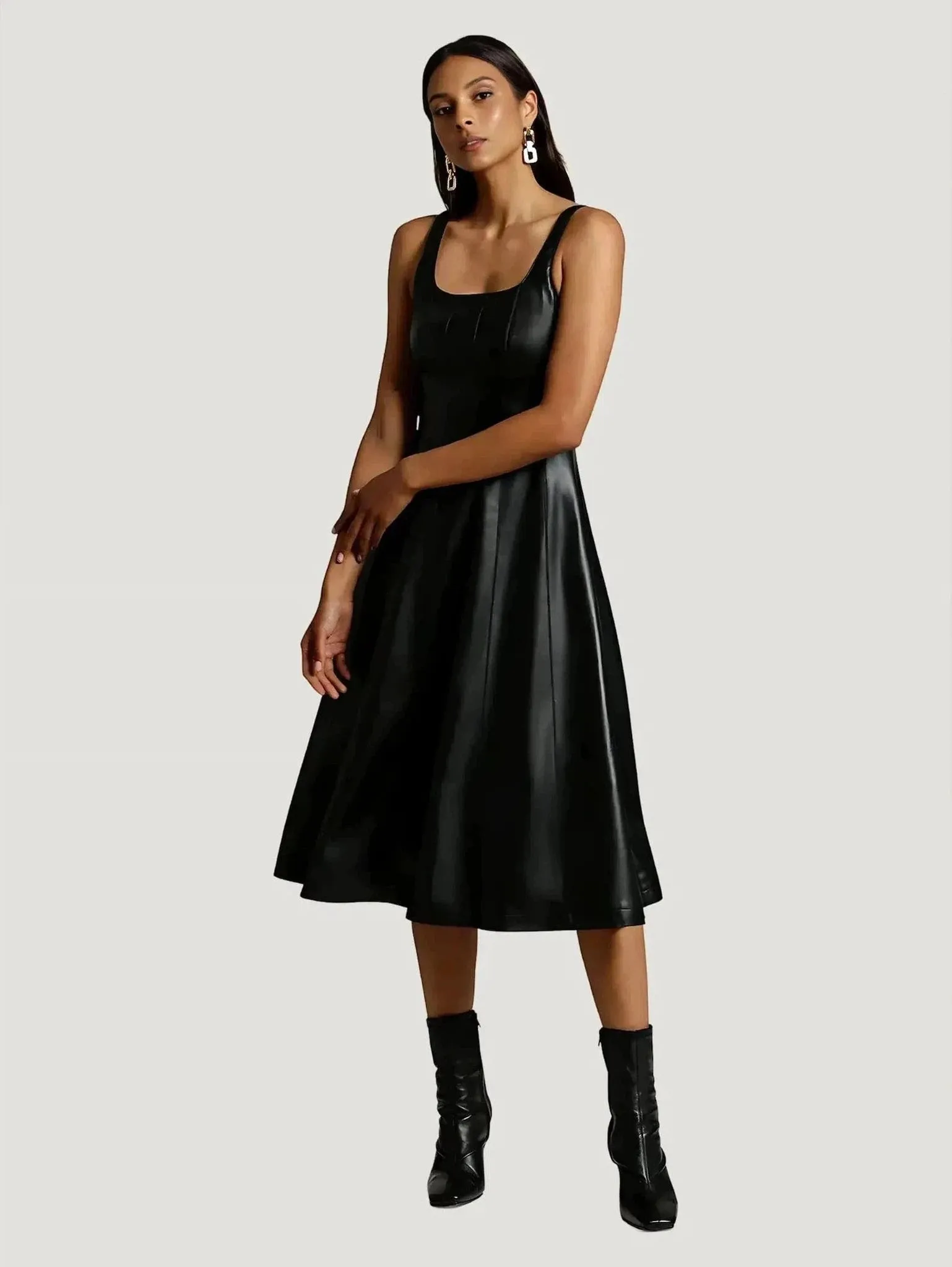 Avec Les Filles Faux-Ever Leather Fit-and-Flare Midi Dress