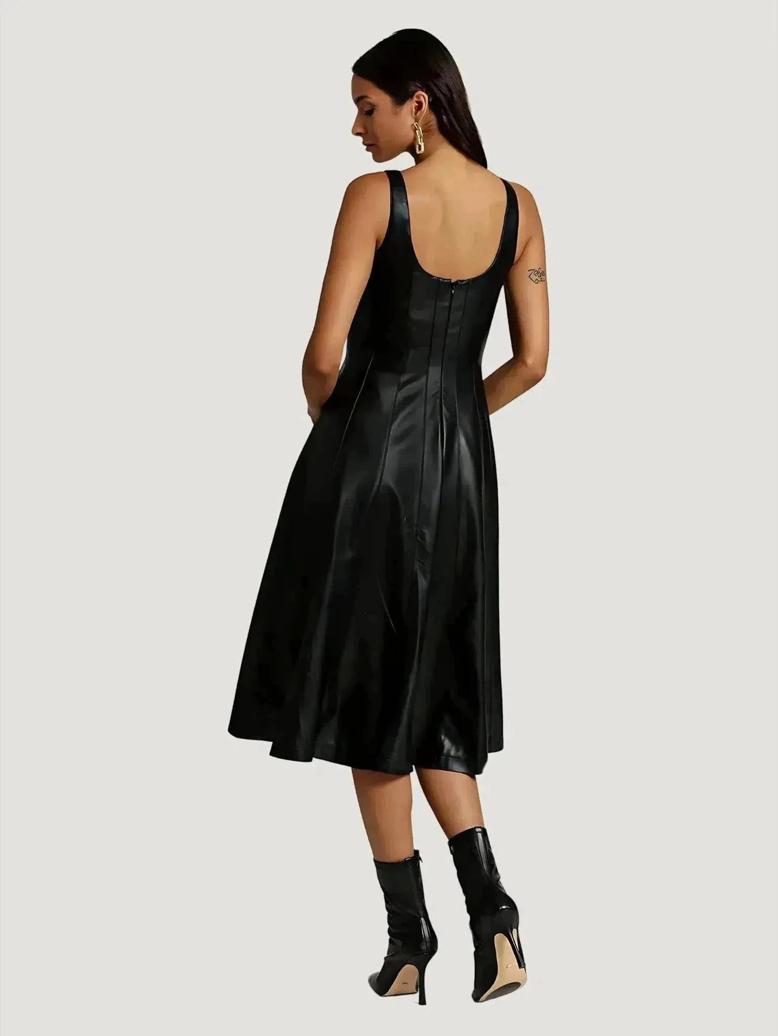 Avec Les Filles Faux-Ever Leather Fit-and-Flare Midi Dress