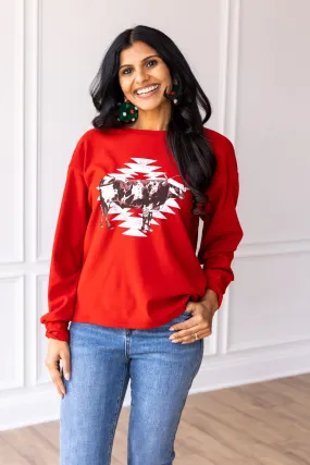 Aztec Cow on Red Crazy Cozy Microfleece Crewneck