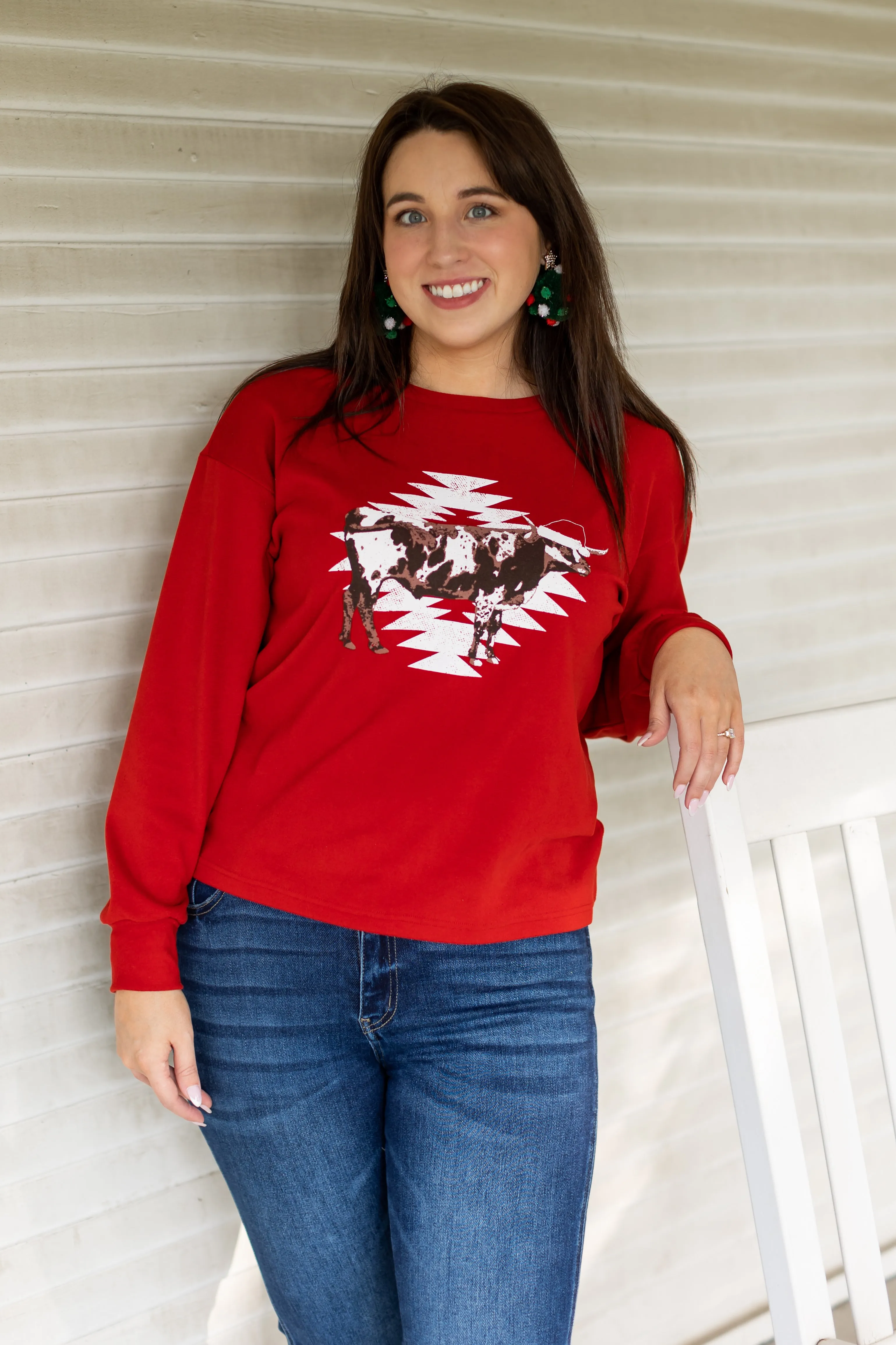 Aztec Cow on Red Crazy Cozy Microfleece Crewneck