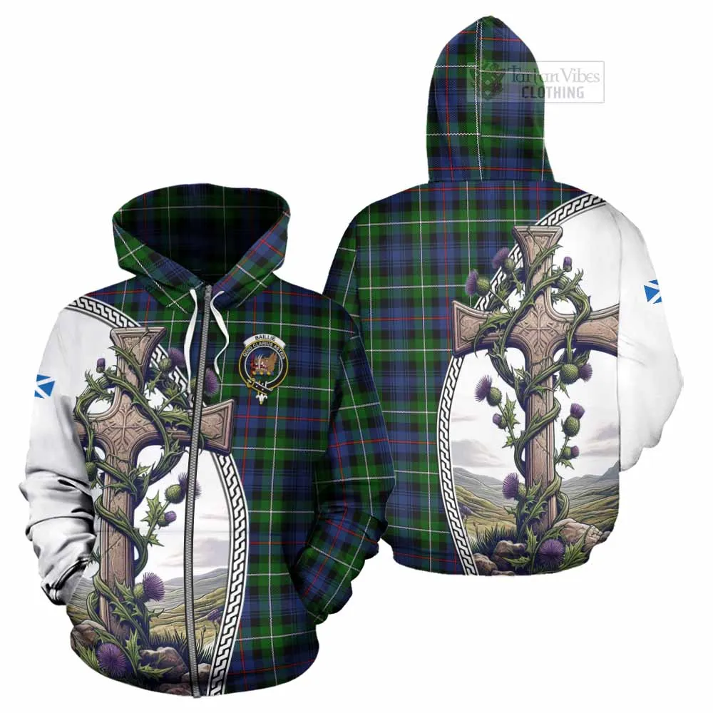 Baillie (Bailey) Tartan Hoodie with Family Crest and St. Andrew's Cross Accented by Thistle Vines