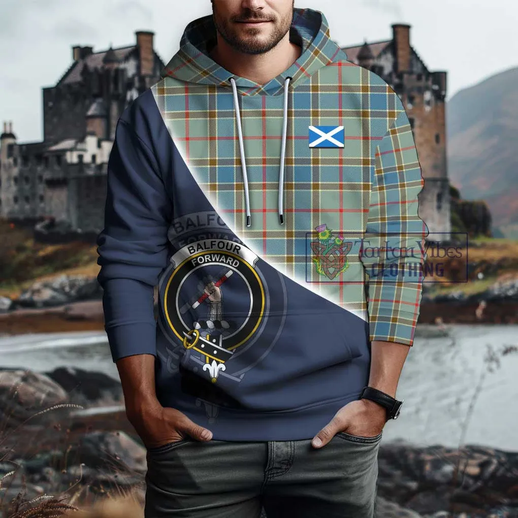 Balfour Blue Tartan Hoodie with Personalised National Flag and Family Crest Half Style