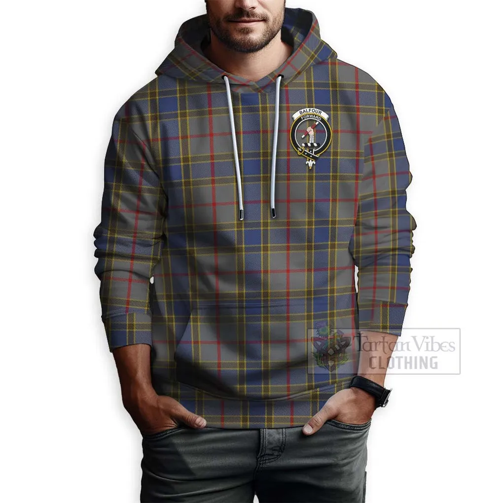 Balfour Tartan Hoodie with Family Crest and Bearded Skull Holding Bottles of Whiskey