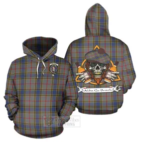 Balfour Tartan Hoodie with Family Crest and Bearded Skull Holding Bottles of Whiskey