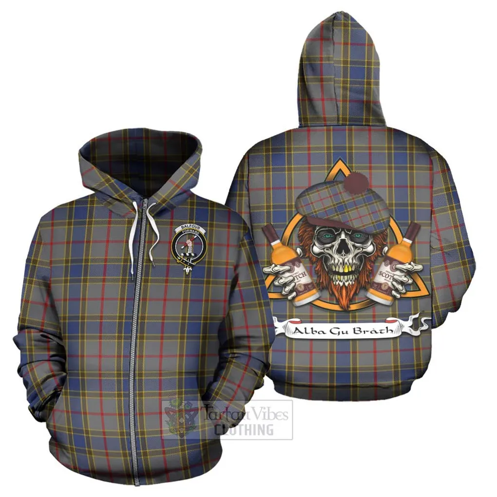 Balfour Tartan Hoodie with Family Crest and Bearded Skull Holding Bottles of Whiskey