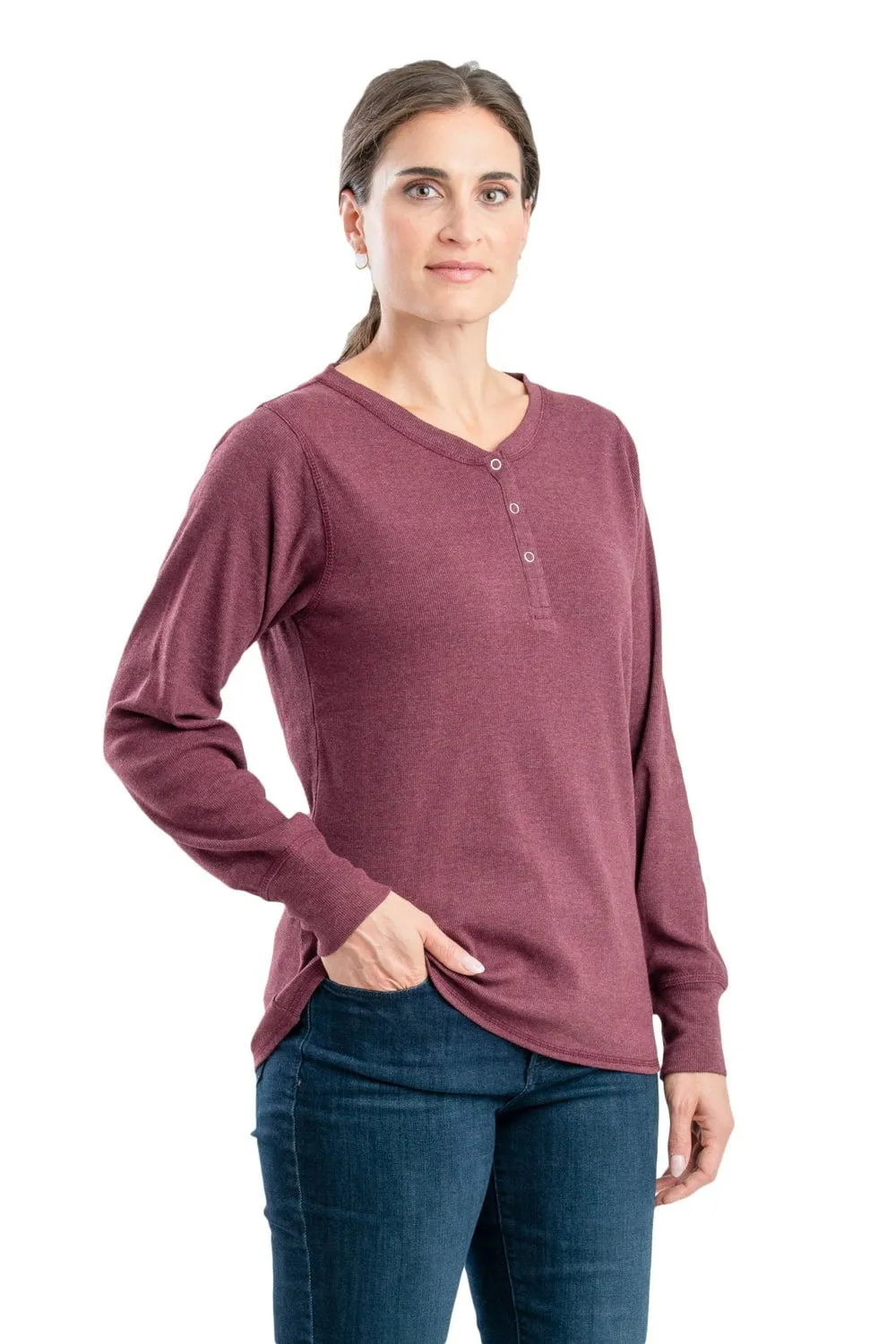 Berne Maroon Cotton Blend Womens Heavyweight Rib Knit Henley L/S