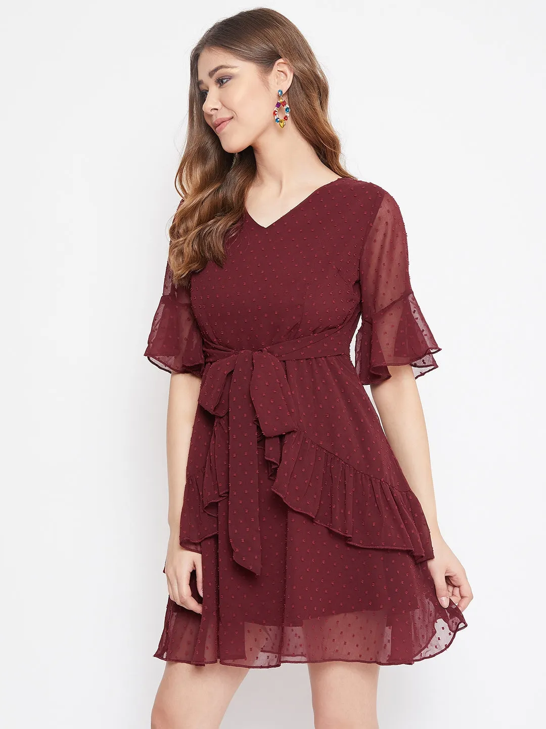 Berrylush Women Solid Maroon Self-Design Patterned V-Neck Layered Fit & Flare Mini Dress