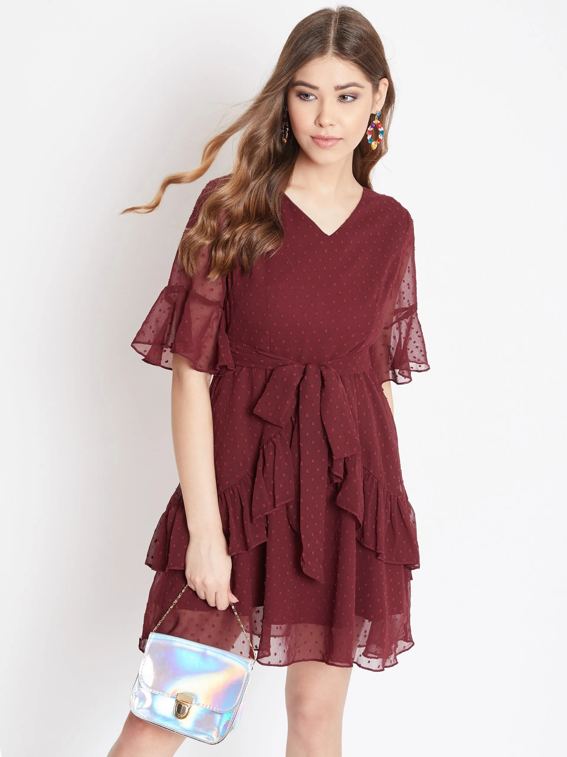 Berrylush Women Solid Maroon Self-Design Patterned V-Neck Layered Fit & Flare Mini Dress