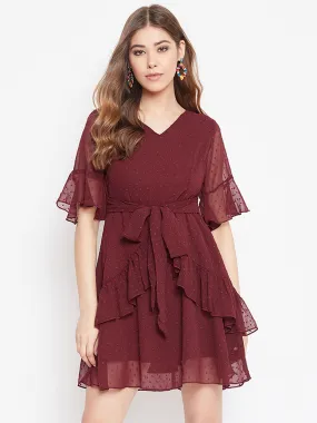 Berrylush Women Solid Maroon Self-Design Patterned V-Neck Layered Fit & Flare Mini Dress