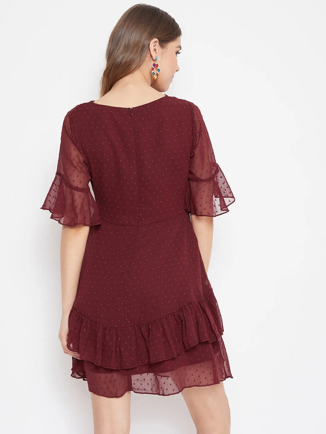 Berrylush Women Solid Maroon Self-Design Patterned V-Neck Layered Fit & Flare Mini Dress