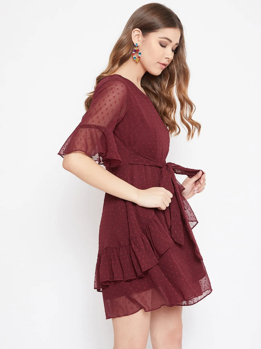 Berrylush Women Solid Maroon Self-Design Patterned V-Neck Layered Fit & Flare Mini Dress