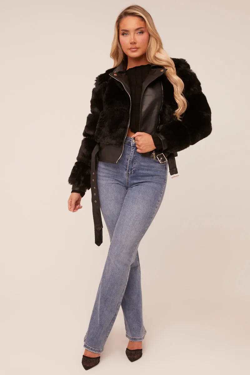 Black Faux Fur Biker Jacket - Chelsey