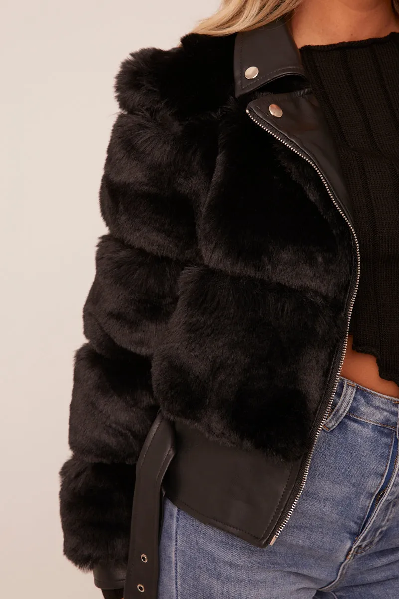 Black Faux Fur Biker Jacket - Chelsey