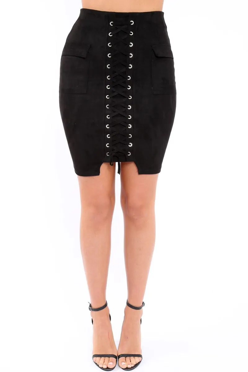 Black Lace Up Front Suede Midi Skirt - Cacia