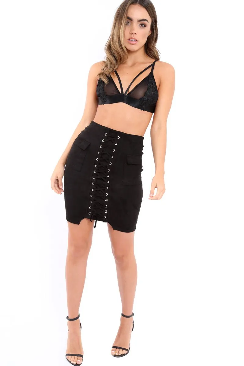 Black Lace Up Front Suede Midi Skirt - Cacia