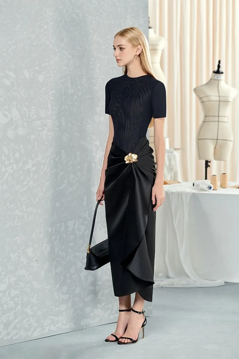 BLACK ORCHID STYLIZED WAIST-DIPPED SILK MIDI DRESS