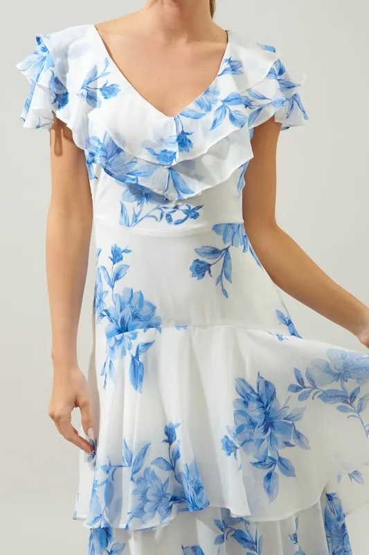 Blue-Multi Sunburst Ruffle Tiered Sinclair Midi Dress