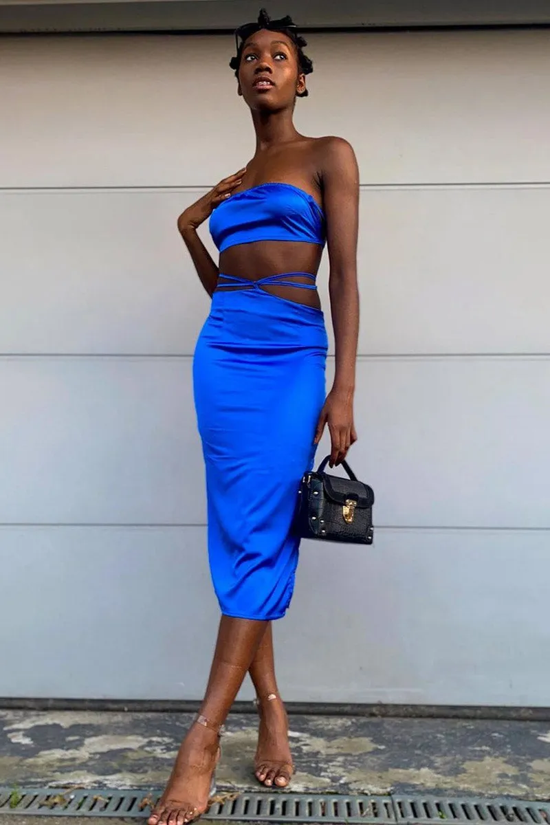 Blue Tie Wrap Around Satin Crop Top & Skirt Co-Ord - Aalaysia