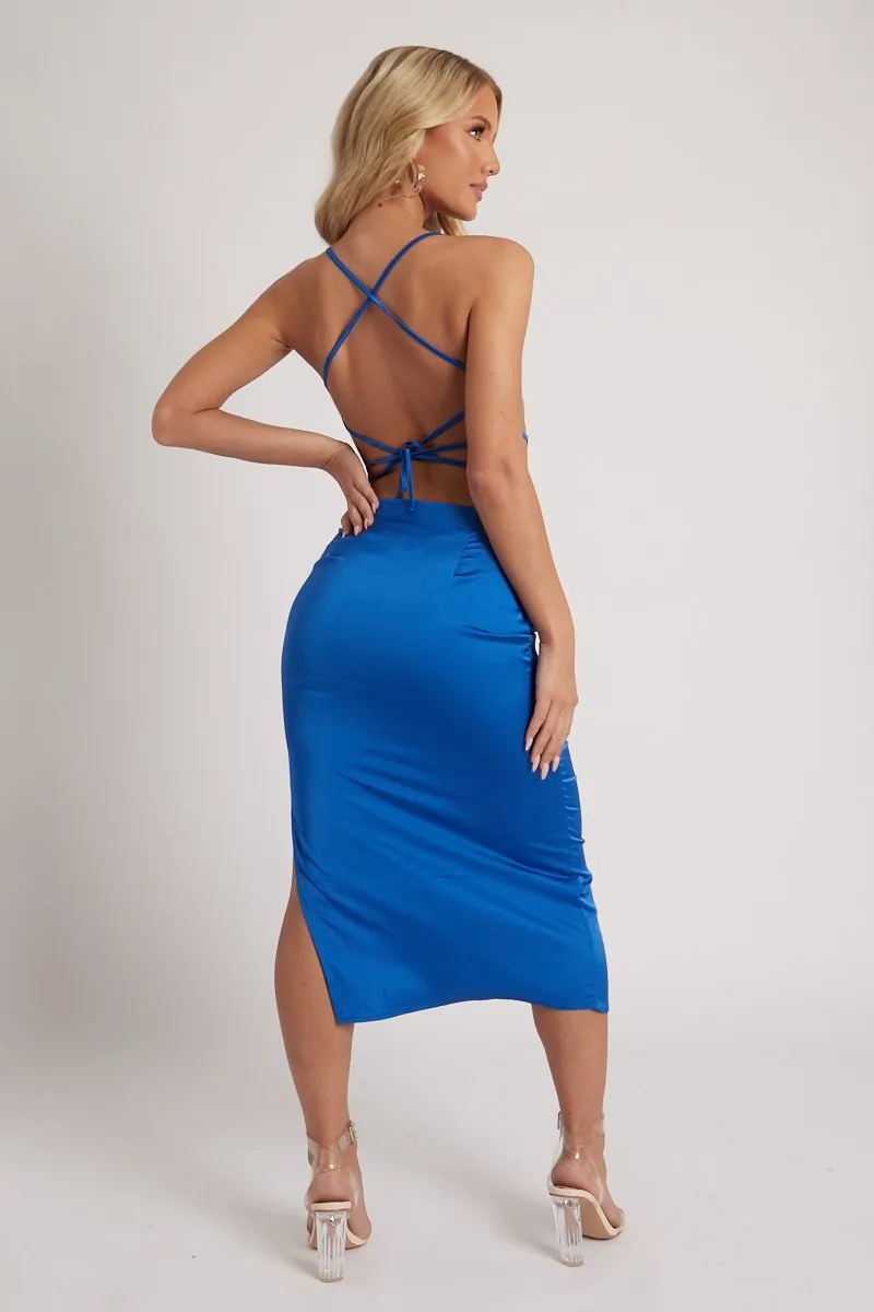 Blue Tie Wrap Around Satin Crop Top & Skirt Co-Ord - Aalaysia