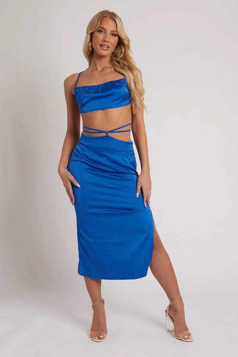 Blue Tie Wrap Around Satin Crop Top & Skirt Co-Ord - Aalaysia