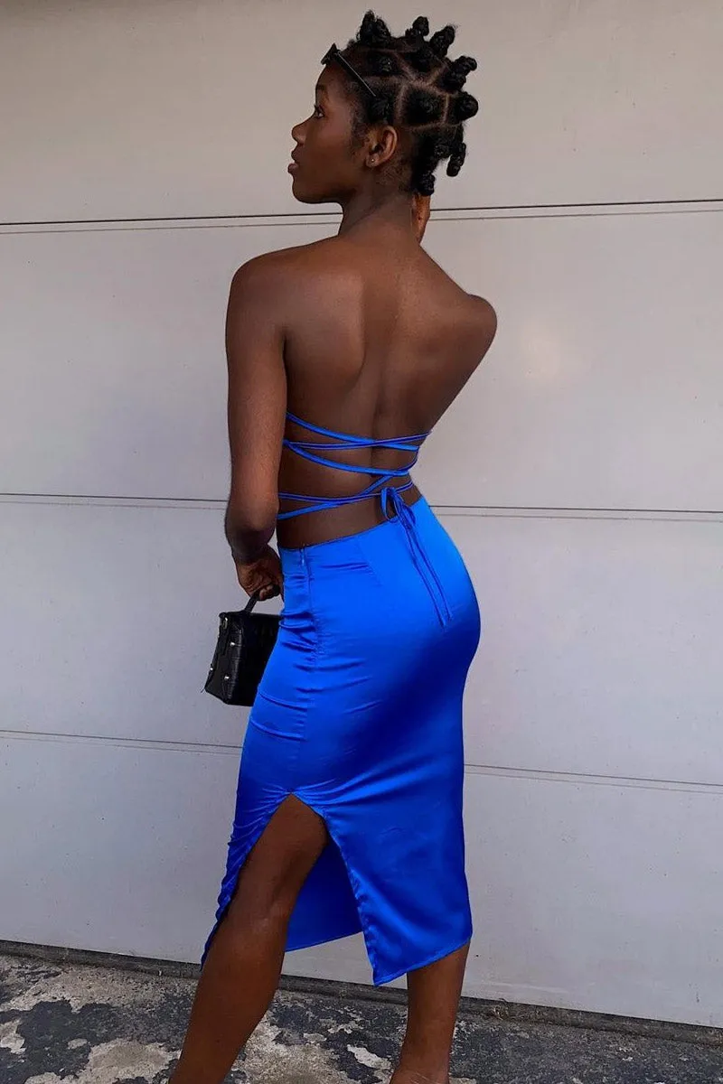 Blue Tie Wrap Around Satin Crop Top & Skirt Co-Ord - Aalaysia