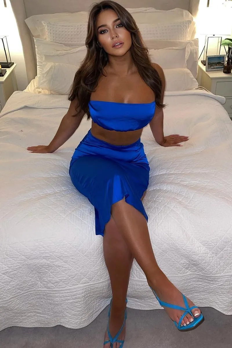 Blue Tie Wrap Around Satin Crop Top & Skirt Co-Ord - Aalaysia