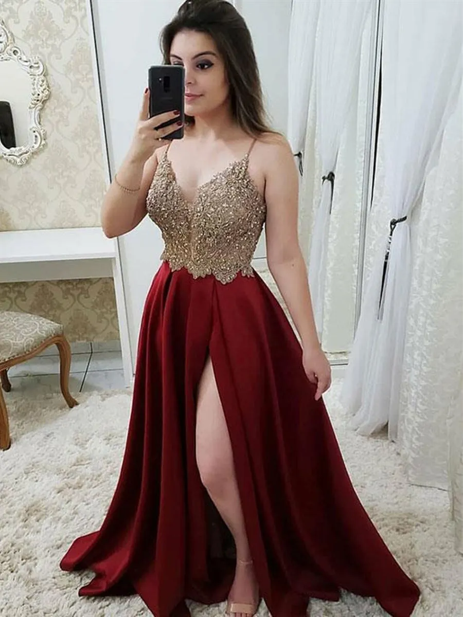 Burgundy A Line V Neck Satin Beaded Long Prom with Slit, Burgundy Formal, Burgundy Evening