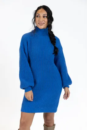 Call My Bluff Blue Bubble Sleeve Turtleneck Sweater Dress FINAL SALE