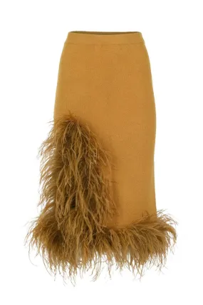 CAMEL KNIT SKIRT WITH FEATHER TRIM