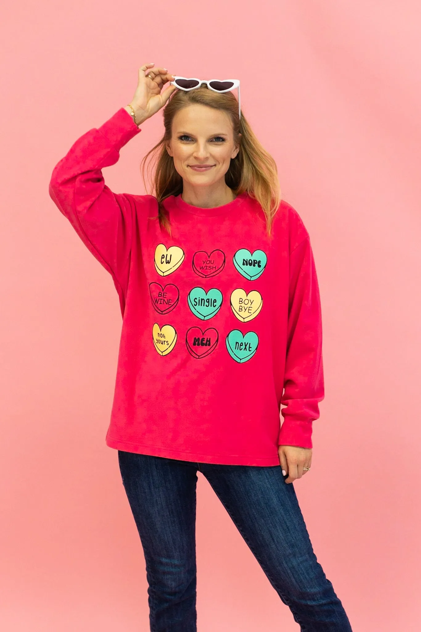 Candy Hearts on Hot Pink Crazy Cozy Microfleece Crewneck