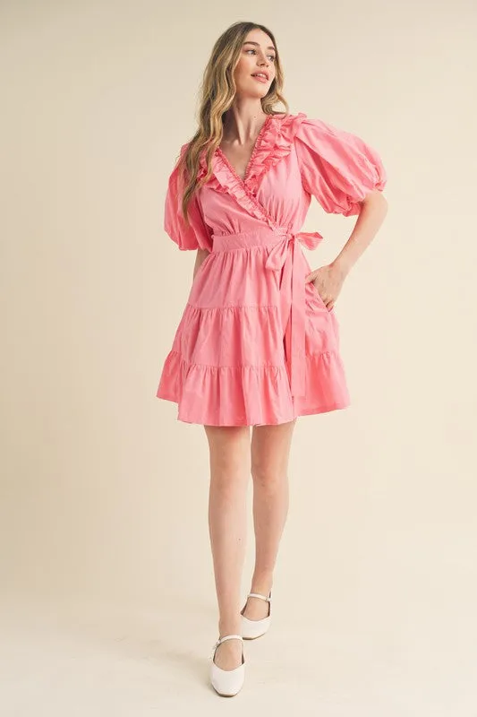 Candy Pink Ruffled Surplice Tiered Mini Dress