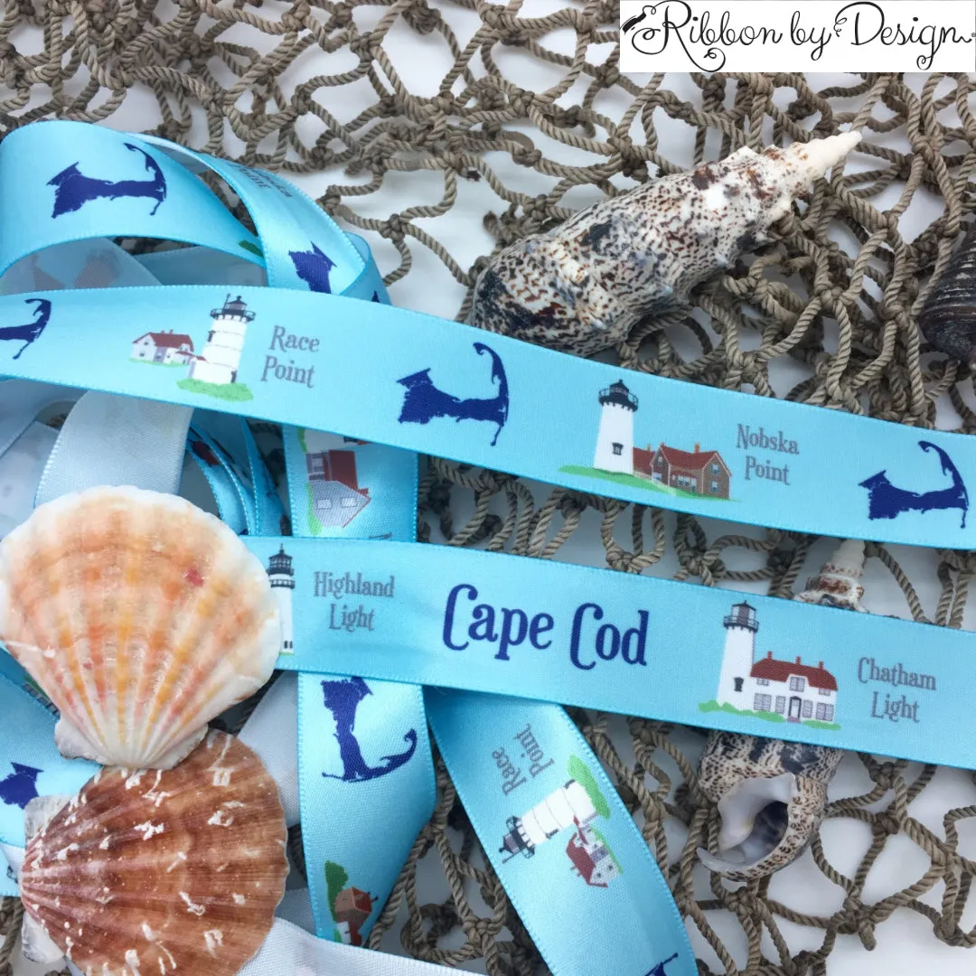 Cape Cod Lighthouses Ribbon on 7/8" White Single Face Satin Ribbon