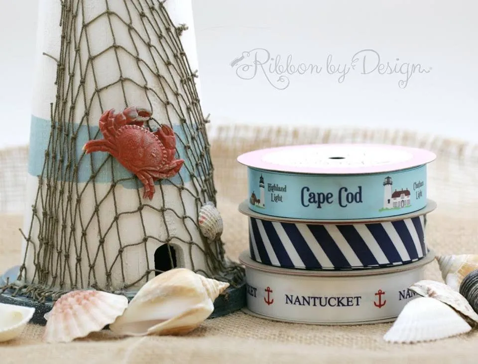 Cape Cod Lighthouses Ribbon on 7/8" White Single Face Satin Ribbon