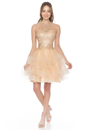 Champagne Gold Halter Embroidery Match Tiered Short Dress