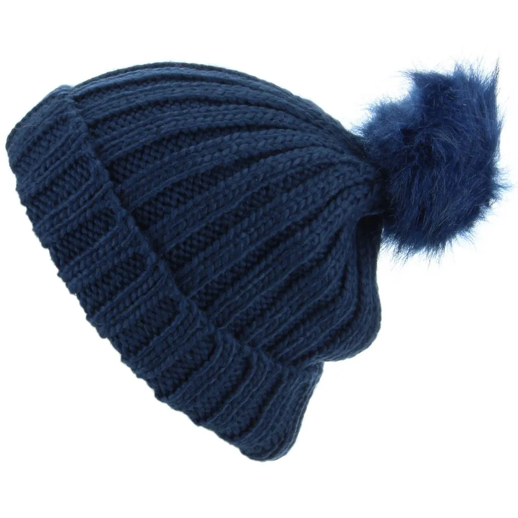 Chunky Knit Beanie Hat with Faux Fur Bobble - Navy