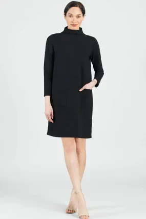 Clara Sunwoo - Ribbed Knit Funnel Neck Tunic Dress W/Stitch Detail & Pockets - Black