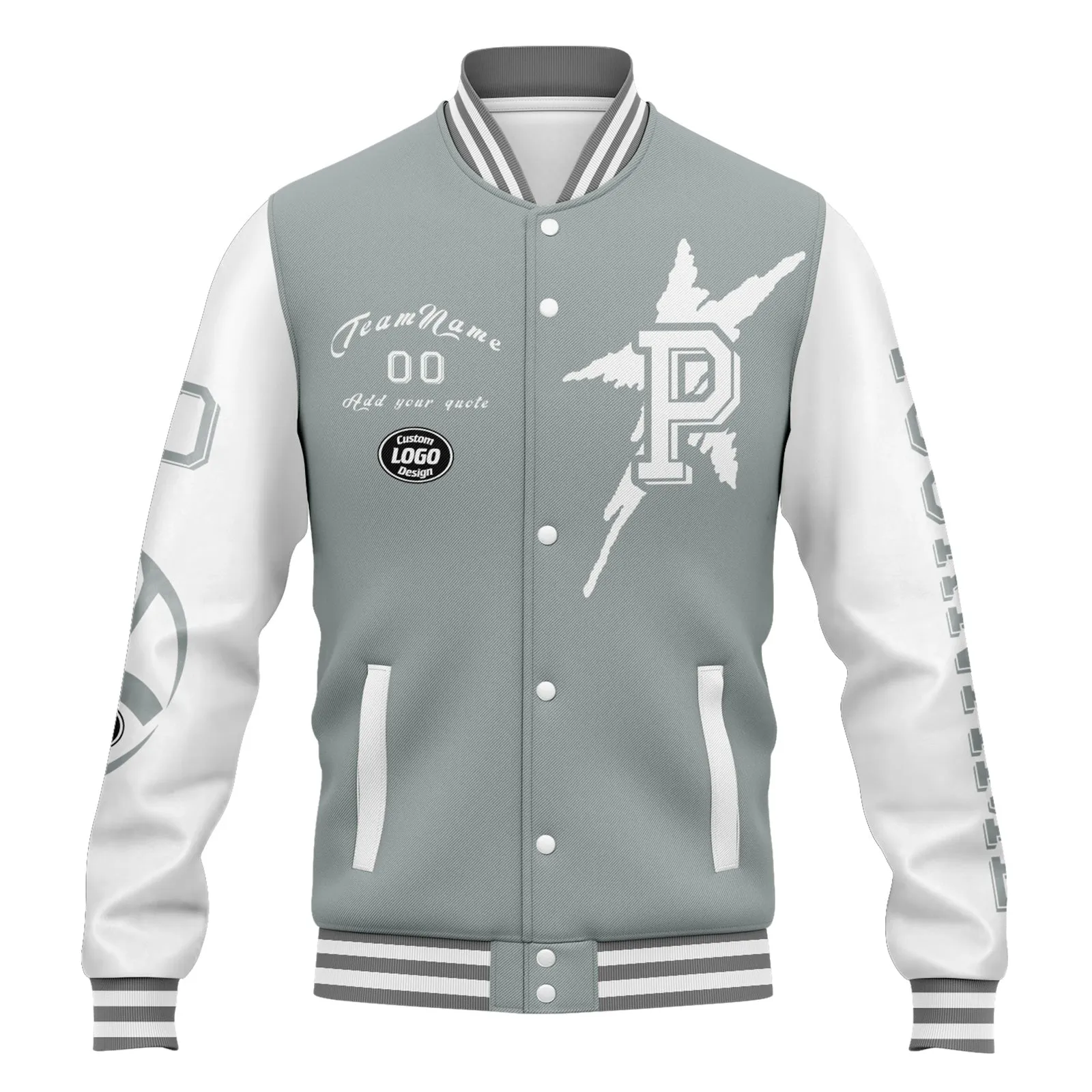 Custom Gray White Pittsburgh Jacket Bomber Full-Snap Varsity Letterman Personalized Jacket FZ005SX-D020290-30