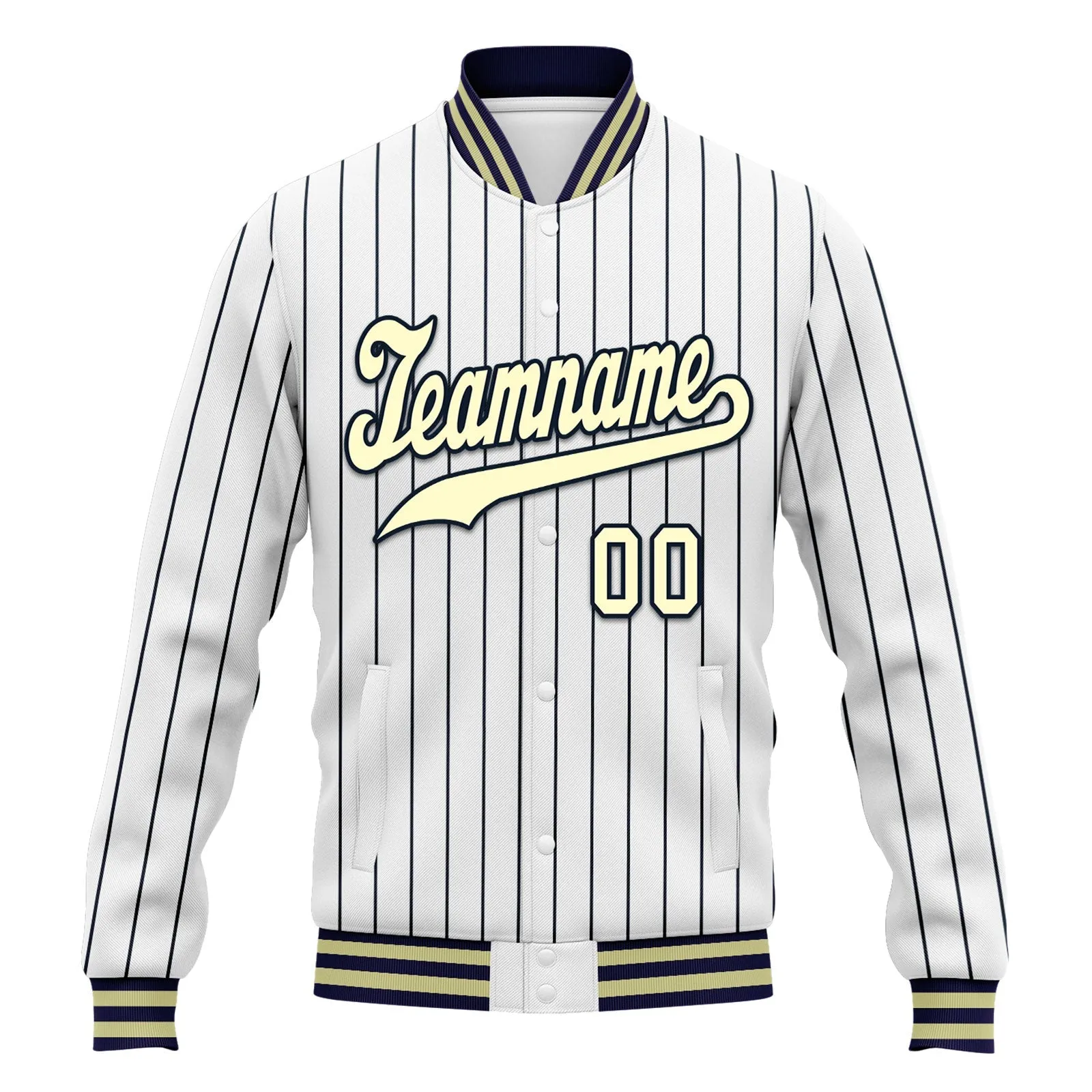 Custom White Navy Stripe Fashion Jacket Bomber Full-Snap Varsity Letterman Personalized Jacket FZ005-D020219-25